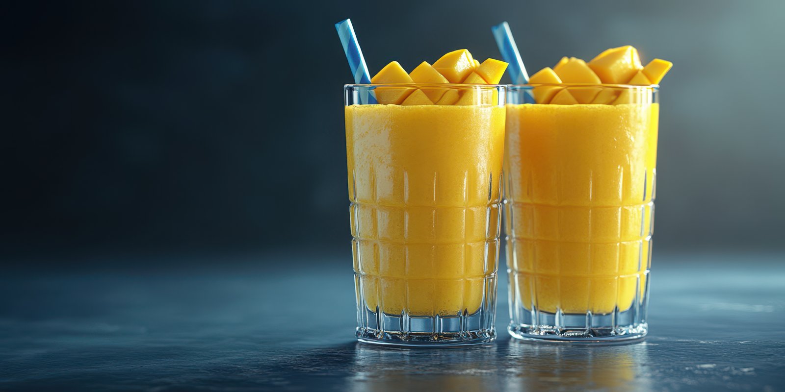Fresh mango smoothies served in clear glasses with blue straws, perfect for a summer refreshment at a tropical getaway